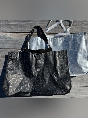 Lululemon large Reusable Tote Bags Bundle Silver & Black Logo Print Shopper